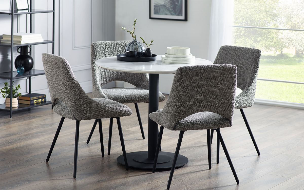 Luca Round Table & 4 Iris Boucle Dining Chairs Grey