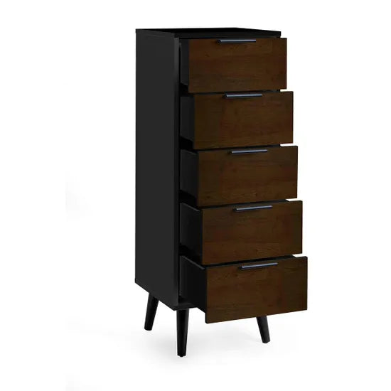 Alba 5 Drawer Narrow Chest - Walnut/Black