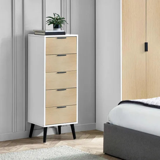 Alba 5 Drawer Narrow Chest - White/Oak