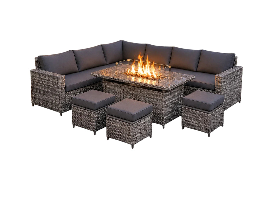 Kingfisher 9 Seat Rattan Garden Set with Fire Pit Table - Grey