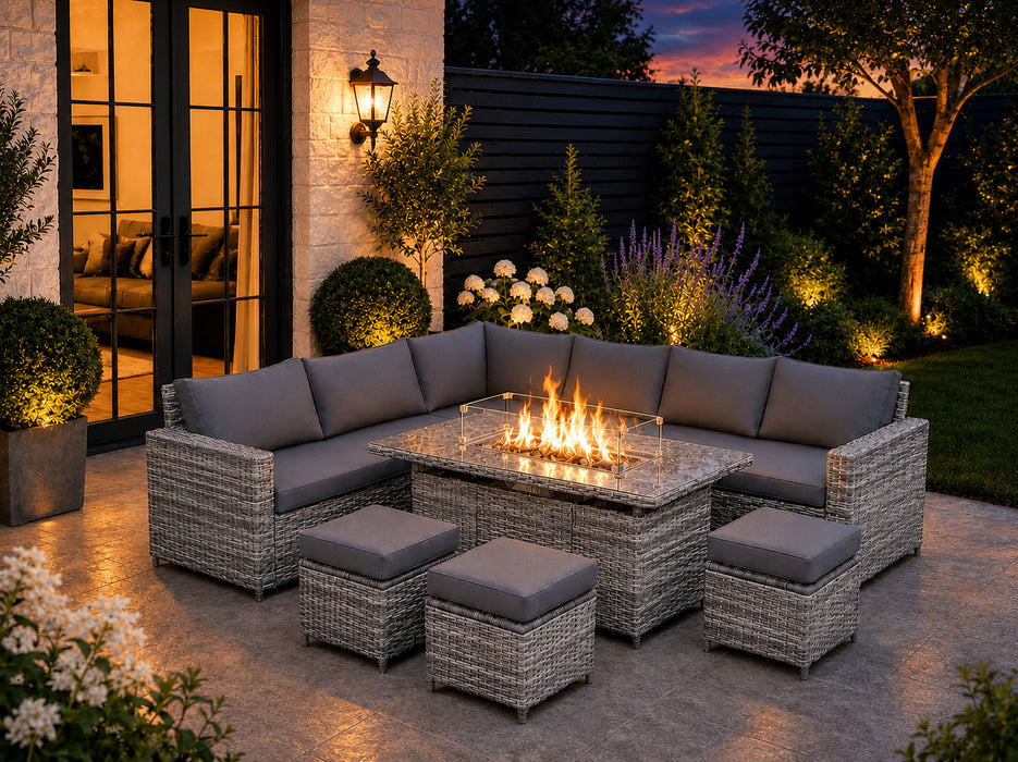 Kingfisher 9 Seat Rattan Garden Set with Fire Pit Table - Grey