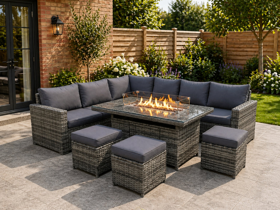 Kingfisher 9 Seat Rattan Garden Set with Fire Pit Table - Grey