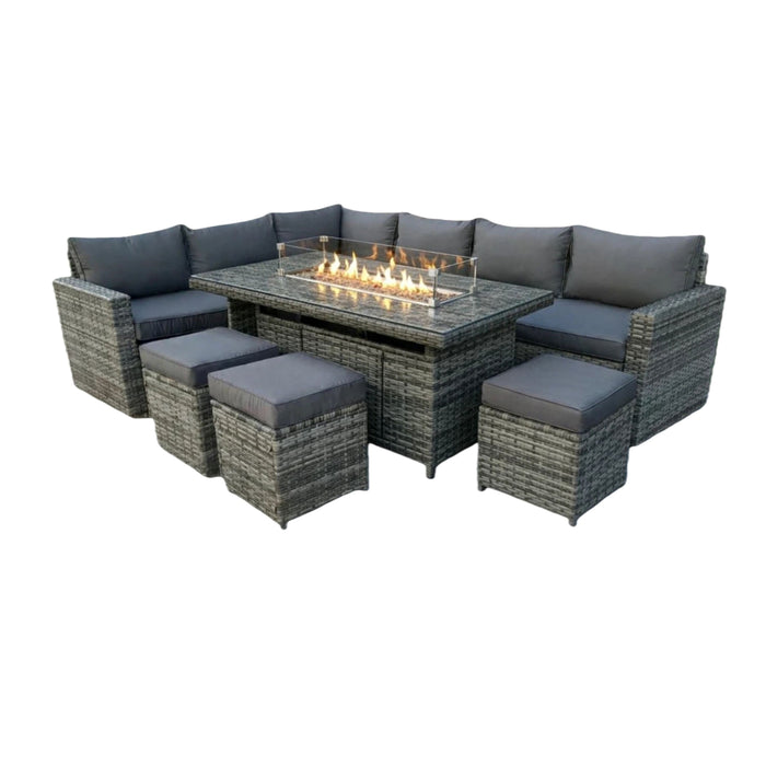 Kingfisher 9 Seat Rattan Garden Set with Fire Pit Table - Grey