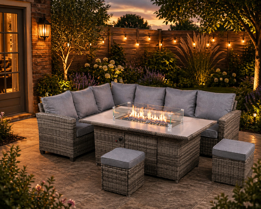 Puffin 8 Seat Rattan Garden Set with Gas Fire Pit Table - Grey