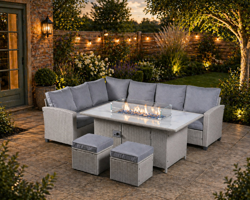 Puffin 8 Seat Rattan Garden Set with Gas Fire Pit Table - Light Grey