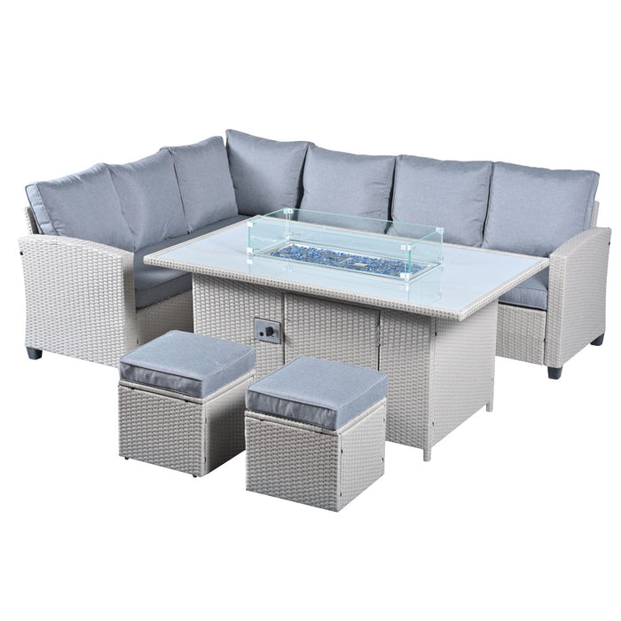 Puffin 8 Seat Rattan Garden Set with Gas Fire Pit Table - Light Grey