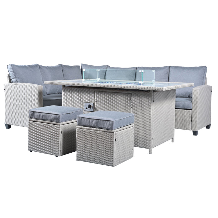 Puffin 8 Seat Rattan Garden Set with Gas Fire Pit Table - Light Grey