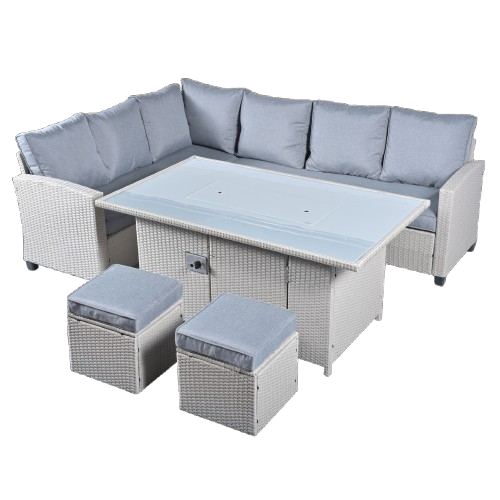 Puffin 8 Seat Rattan Garden Set with Gas Fire Pit Table - Light Grey