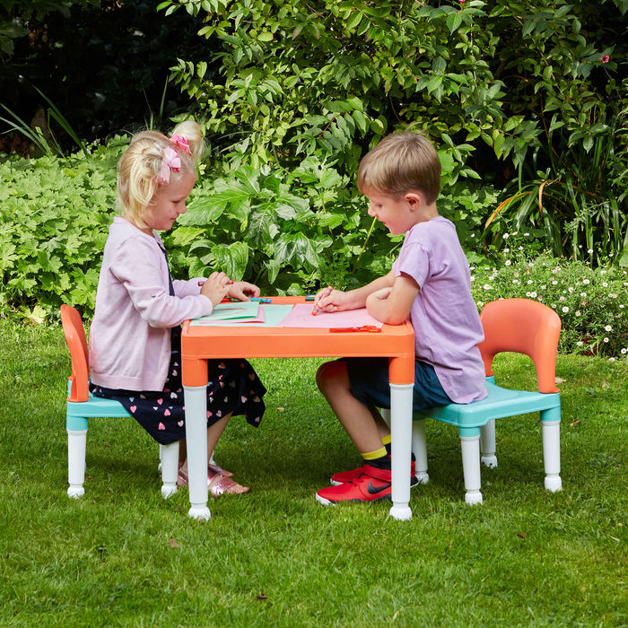 Kids Plastic Table and Two Chairs Set - Turquoise & Orange