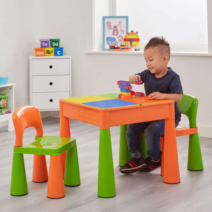 Kids 5-in-1 Activity Table and Two Chairs Set - Green & Orange