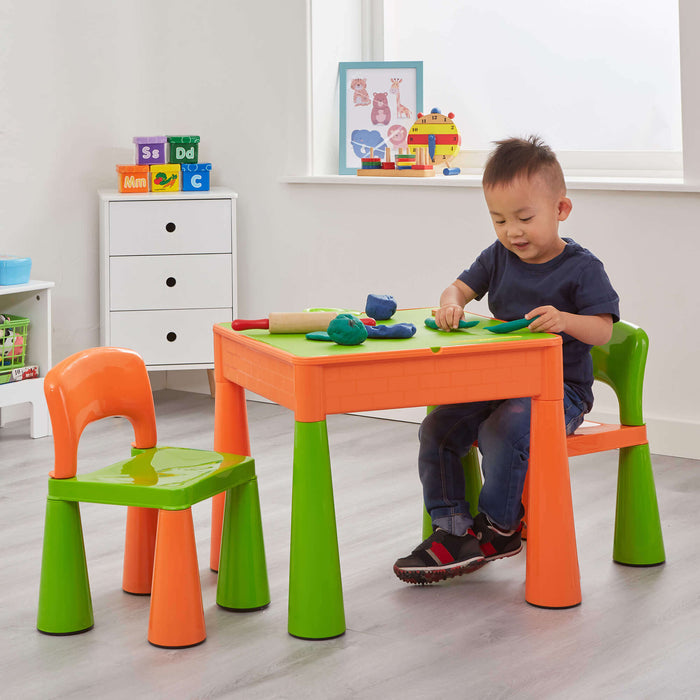 Kids 5-in-1 Activity Table and Two Chairs Set - Green & Orange