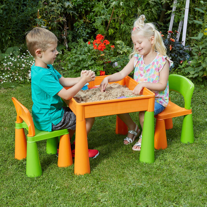Kids 5-in-1 Activity Table and Two Chairs Set - Green & Orange