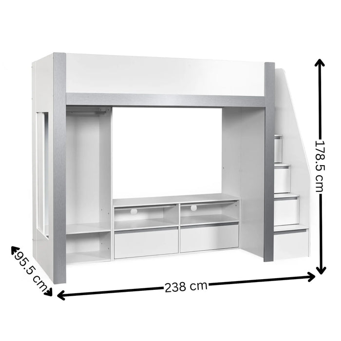 Gaia 90cm Single Highsleeper TV Bed - White and Silver