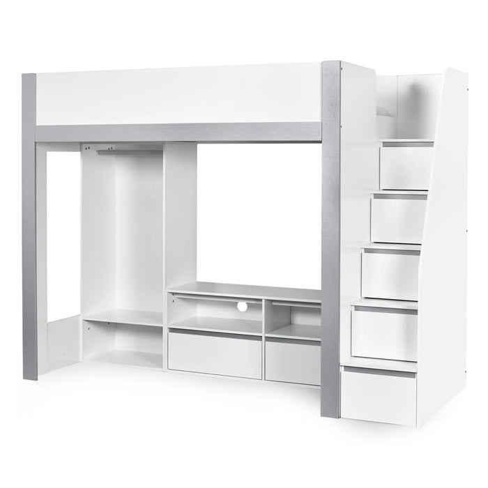Gaia 90cm Single Highsleeper TV Bed - White and Silver