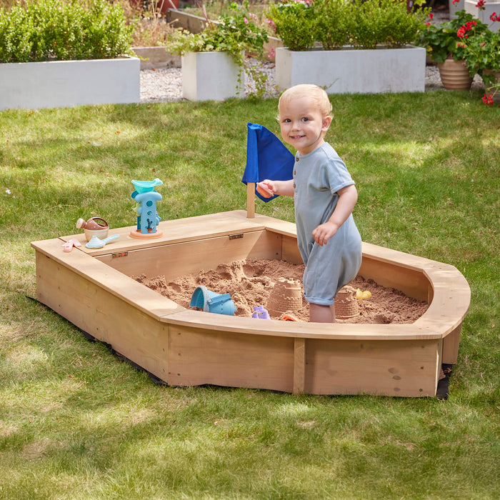 Kids Boat Sandpit with Seating and Cover