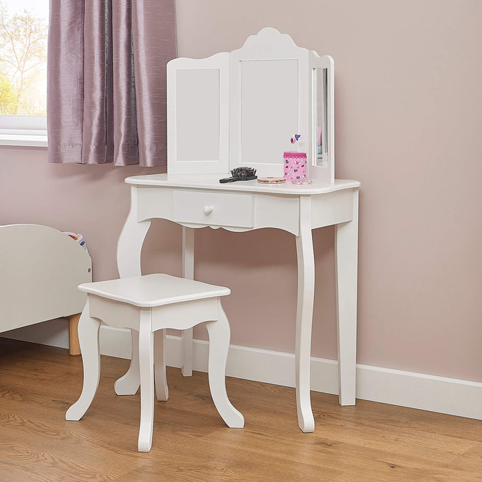 Kids White Vanity Table and Stool Set