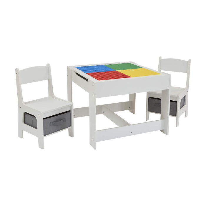 Kids Wooden Activity Table and Two Chairs with Grey Storage Bins