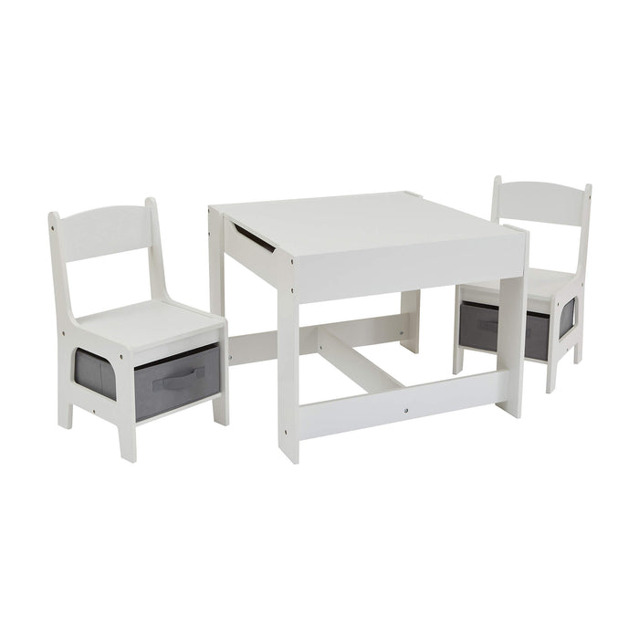 Kids Wooden Activity Table and Two Chairs with Grey Storage Bins