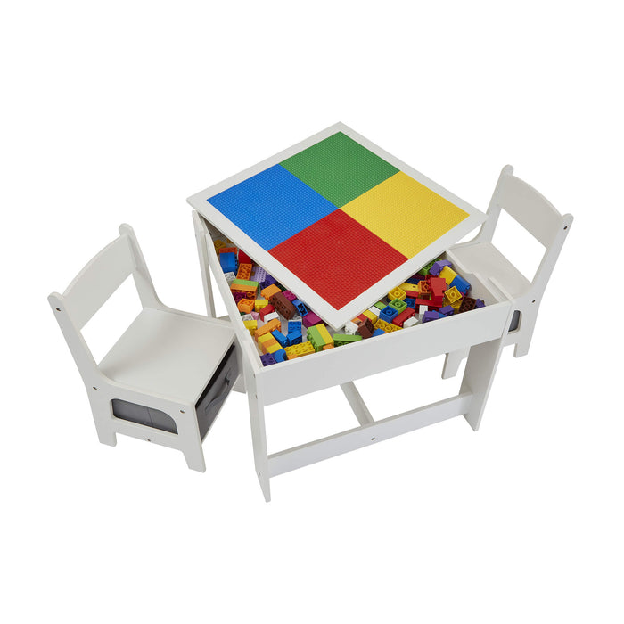 Kids Wooden Activity Table and Two Chairs with Grey Storage Bins