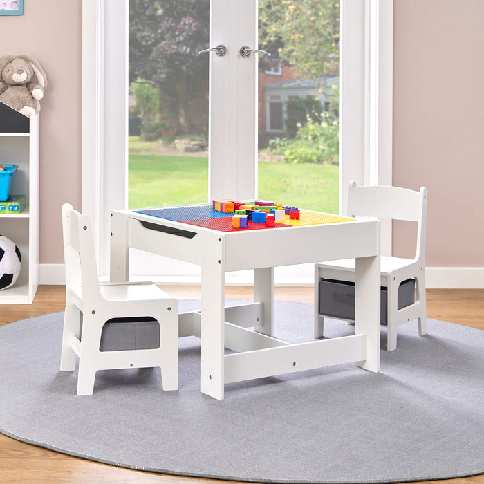 Kids Wooden Activity Table and Two Chairs with Grey Storage Bins