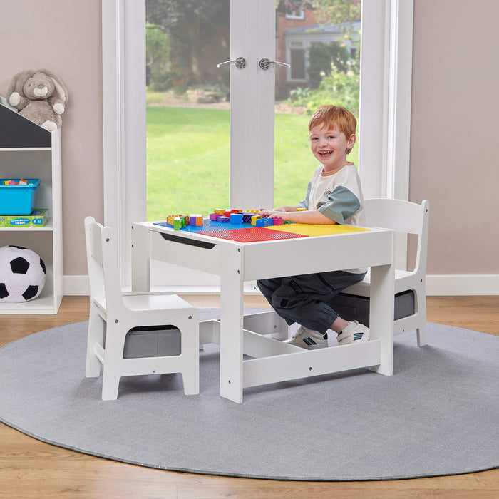 Kids Wooden Activity Table and Two Chairs with Grey Storage Bins