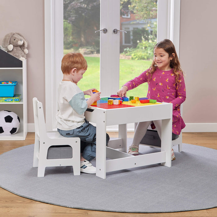 Kids Wooden Activity Table and Two Chairs with Grey Storage Bins