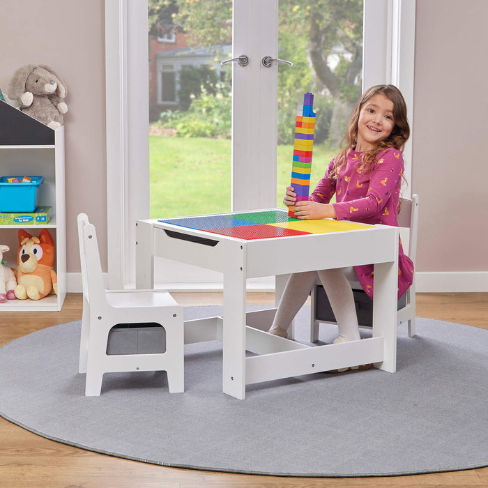 Kids Wooden Activity Table and Two Chairs with Grey Storage Bins