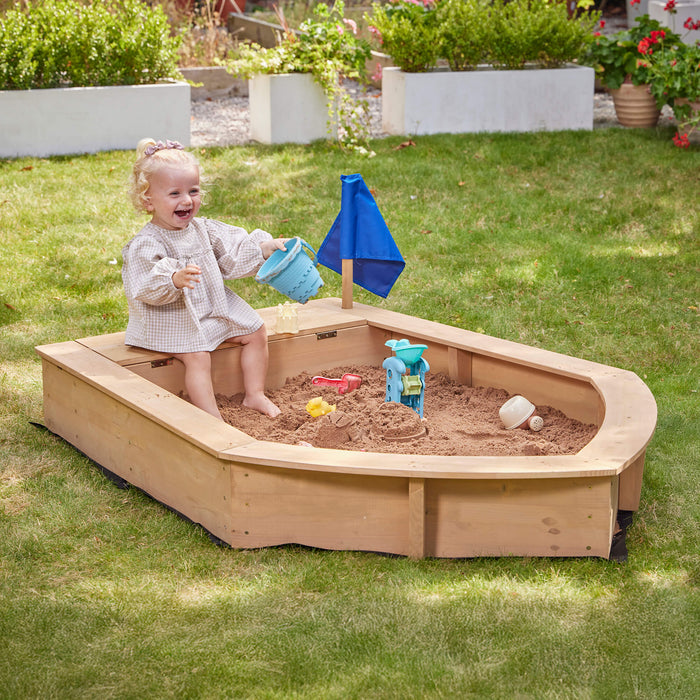 Kids Boat Sandpit with Seating and Cover
