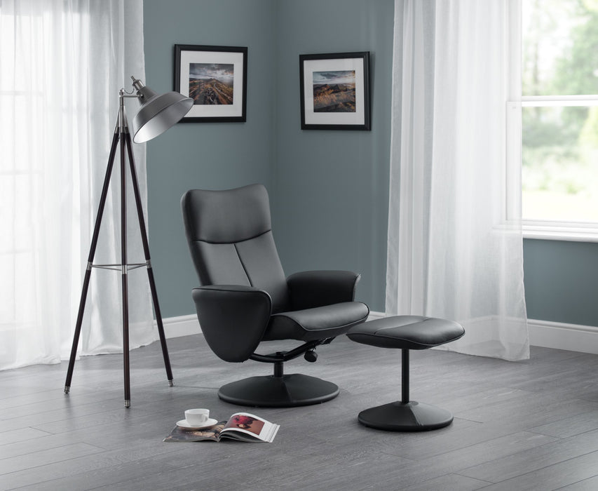 Lugano Recliner & Stool With Covered Base - Black