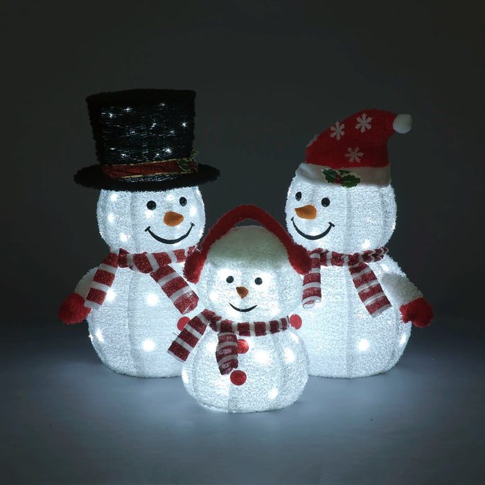 Set of 3 Foldable Cloth Snowmen with White LED's