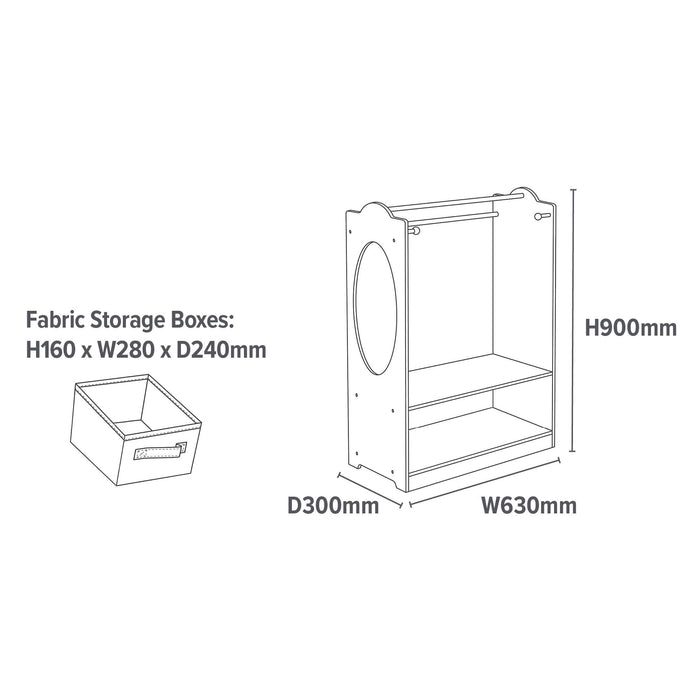 White Wooden Dress Up Unit with Two Grey Storage Boxes