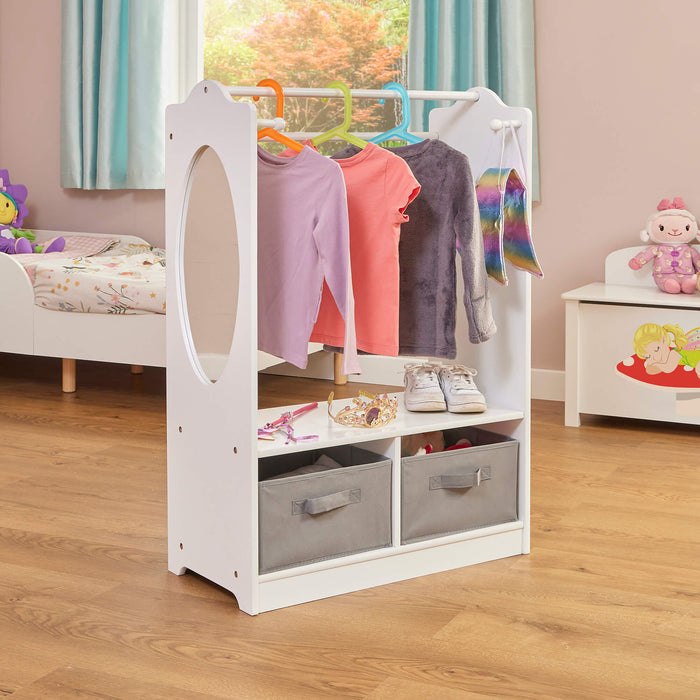 White Wooden Dress Up Unit with Two Grey Storage Boxes