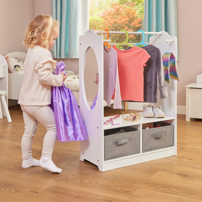 White Wooden Dress Up Unit with Two Grey Storage Boxes