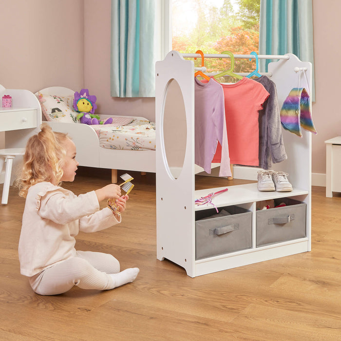 White Wooden Dress Up Unit with Two Grey Storage Boxes