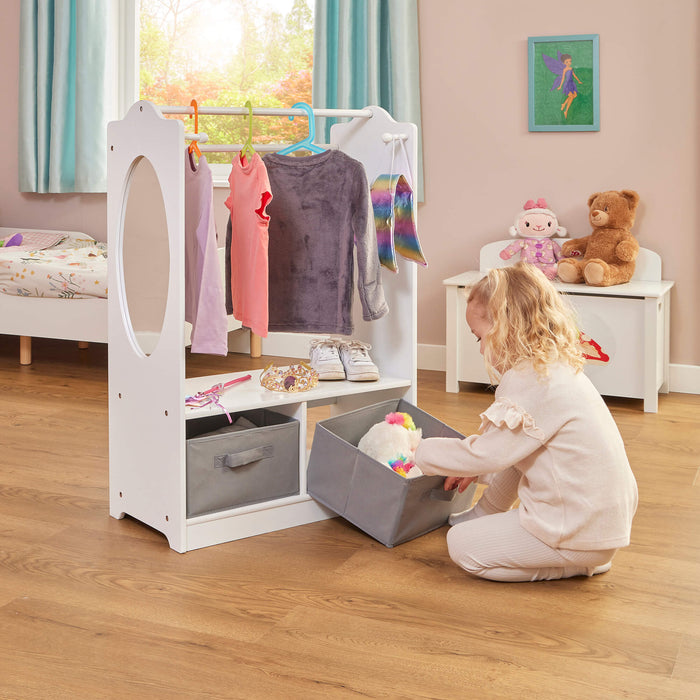 White Wooden Dress Up Unit with Two Grey Storage Boxes