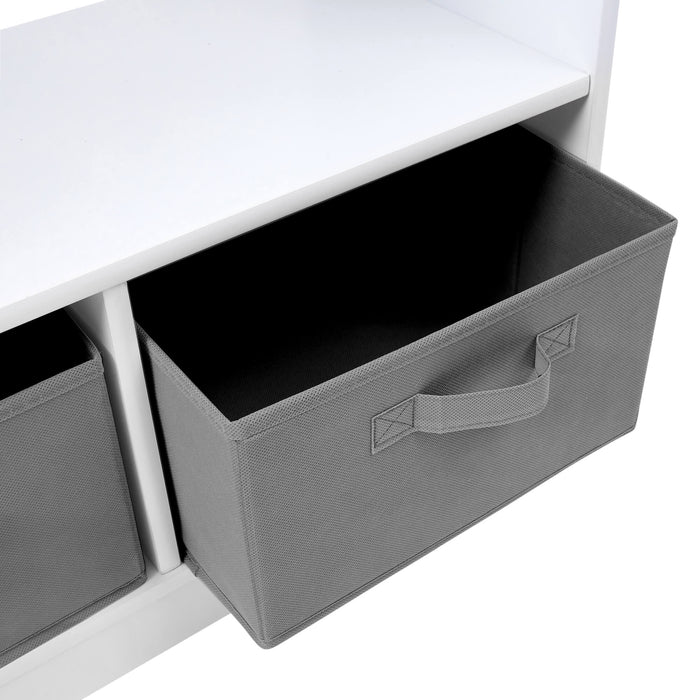 White Wooden Dress Up Unit with Two Grey Storage Boxes