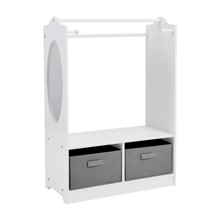 White Wooden Dress Up Unit with Two Grey Storage Boxes