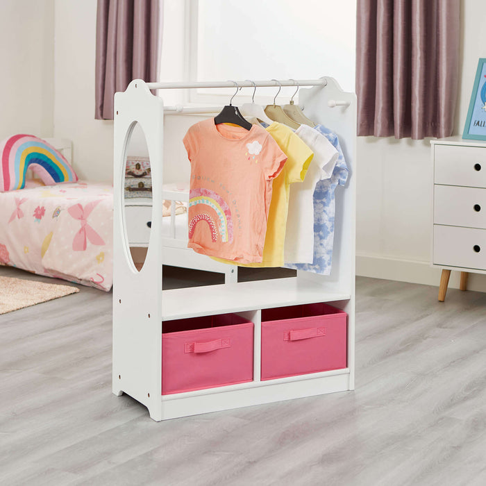 White Wooden Dress Up Unit with Two Pink Storage Boxes
