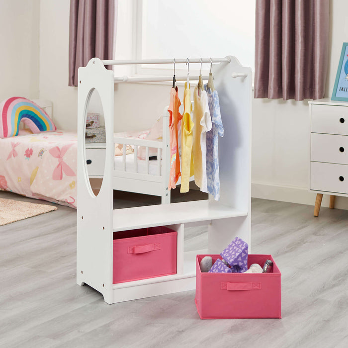 White Wooden Dress Up Unit with Two Pink Storage Boxes