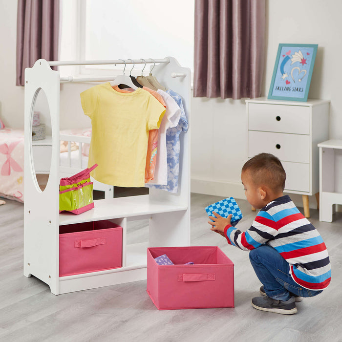 White Wooden Dress Up Unit with Two Pink Storage Boxes