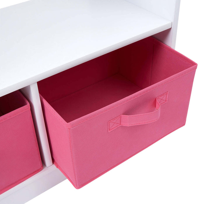 White Wooden Dress Up Unit with Two Pink Storage Boxes