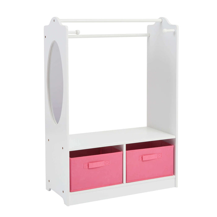 White Wooden Dress Up Unit with Two Pink Storage Boxes