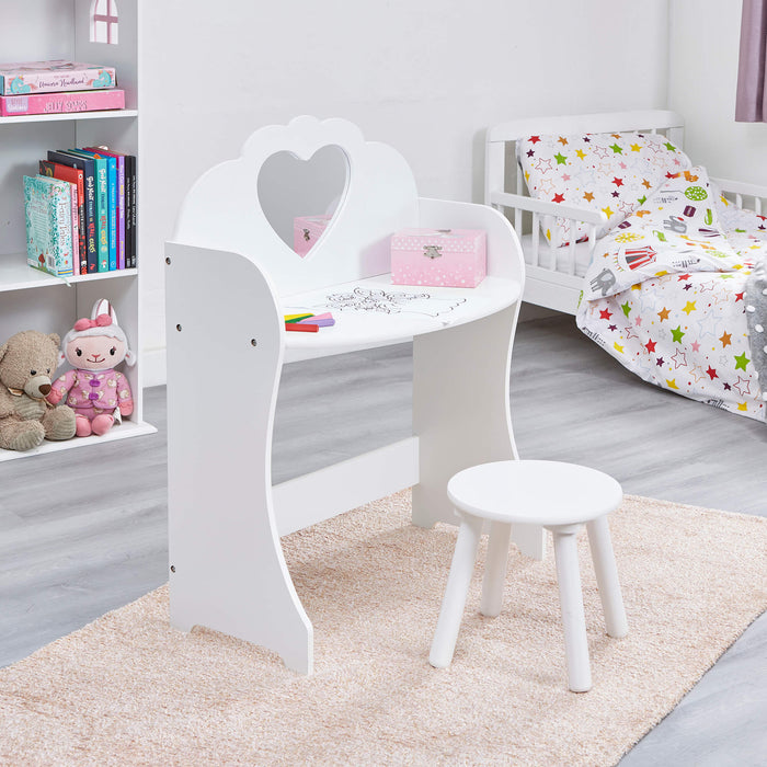 Kids White Wooden Dressing Table and Stool Set