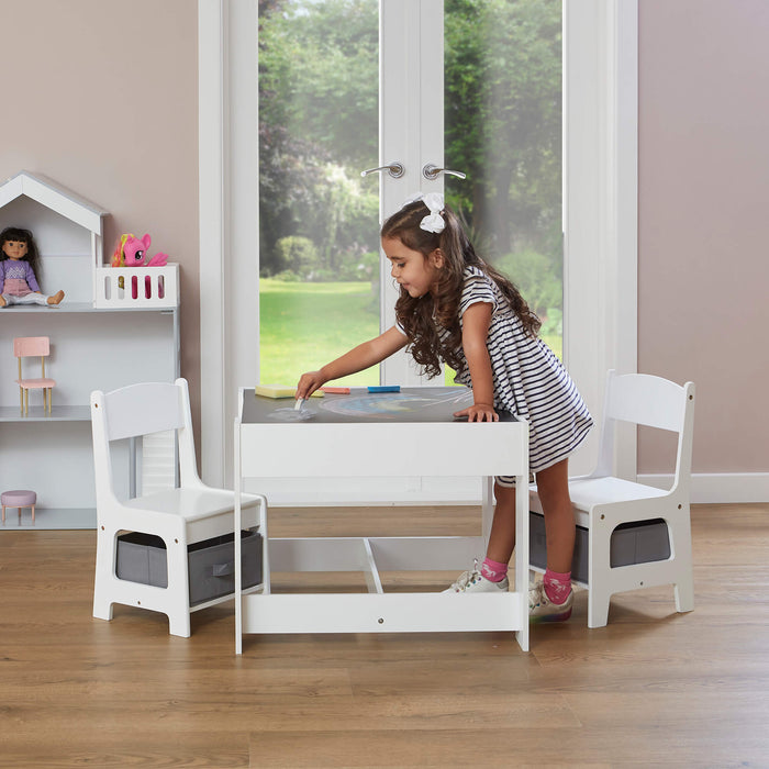 White Table and Two Chairs Set with Grey Storage Boxes