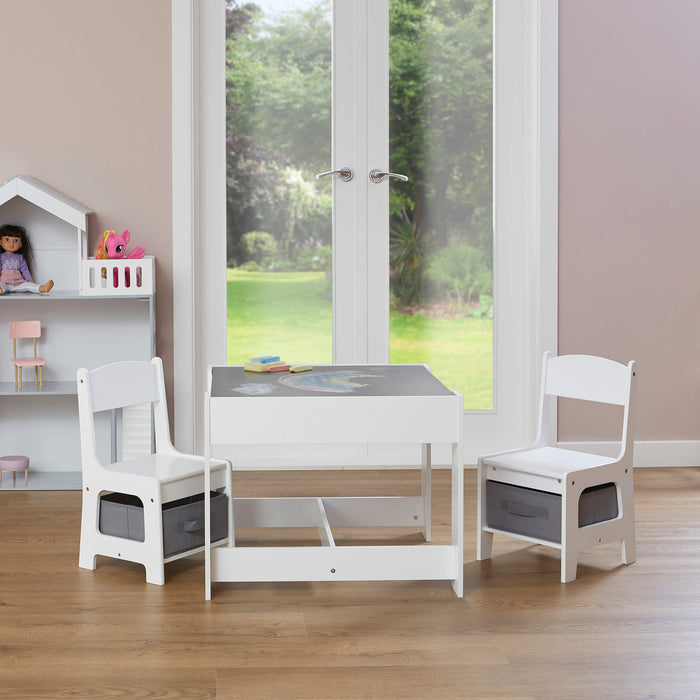 White Table and Two Chairs Set with Grey Storage Boxes