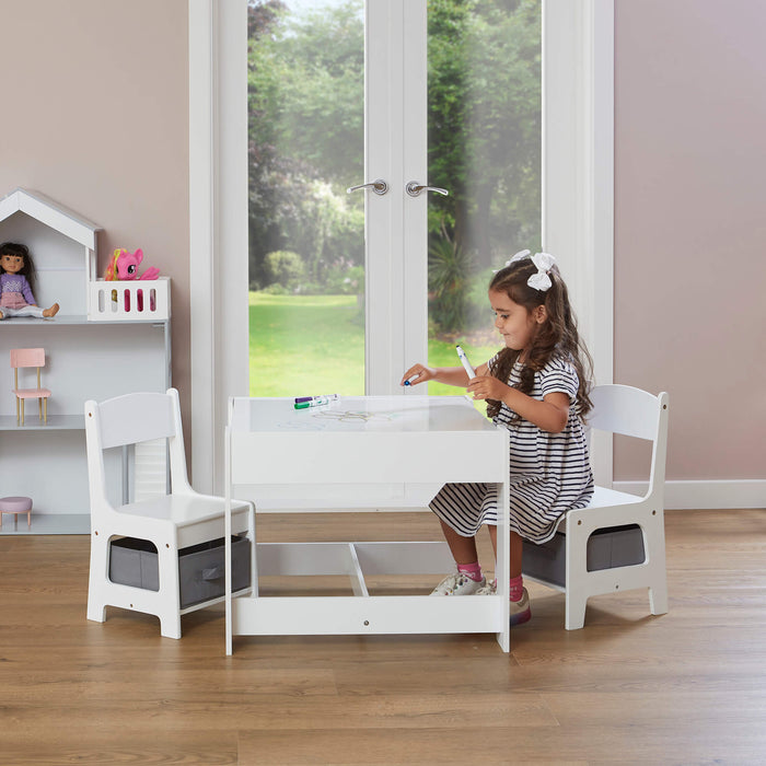White Table and Two Chairs Set with Grey Storage Boxes