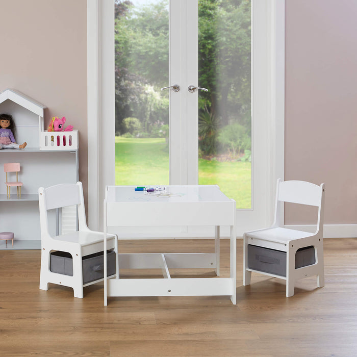 White Table and Two Chairs Set with Grey Storage Boxes