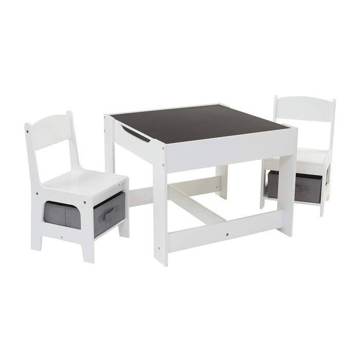 White Table and Two Chairs Set with Grey Storage Boxes
