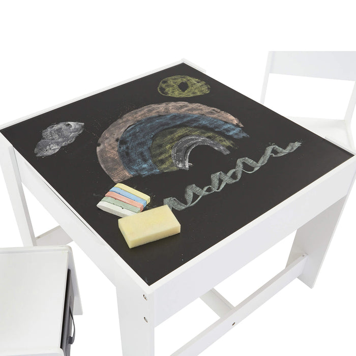 White Table and Two Chairs Set with Grey Storage Boxes