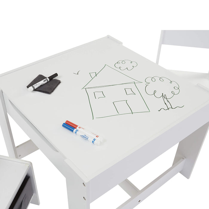 White Table and Two Chairs Set with Grey Storage Boxes